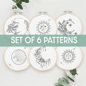 Set of 6 Digital PDF patterns, Crescent Moon with flower Hand Embroidery Pattern, PDF modern hand embroidery pattern, Handstitched art, Moon