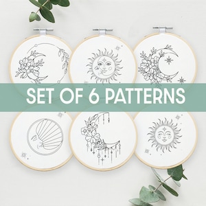 Set of 6 Digital PDF patterns, Crescent Moon with flower Hand Embroidery Pattern, PDF modern hand embroidery pattern, Handstitched art, Moon