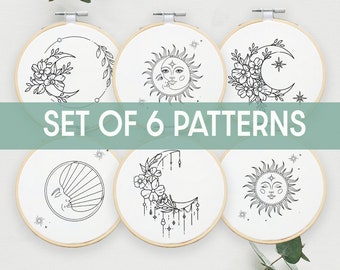 Set of 6 Digital PDF patterns, Crescent Moon with flower Hand Embroidery Pattern, PDF modern hand embroidery pattern, Handstitched art, Moon