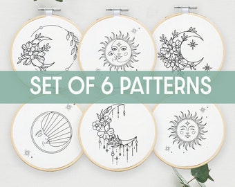 Crescent Moon Embroidery Pattern: Set of 6 Floral Designs, magic sun art (Digital PDF)