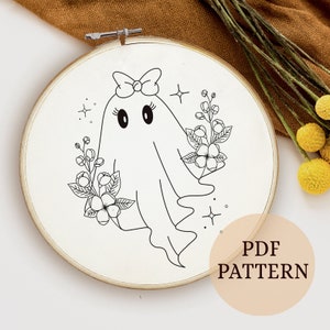 She-Spirit Halloween embroidery pattern, Ghosts in the Garden, Cute Kawaii Floral Ghost Theme, Digital PDF download,  Needlecraft pattern