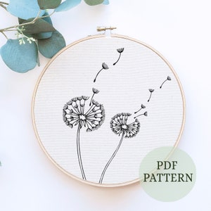 Dandelion embroidery, Scandinavian style, Modern hand embroidery, Embroidery pattern pdf, needlework digital download , Wall decor, hoop art