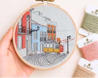 Lisbon Embroidery Pattern PDF Digital Download Hand Embroidery Hoop Art Beginner Friendly Yellow Tram Art Portugal Travel Gift Needlework