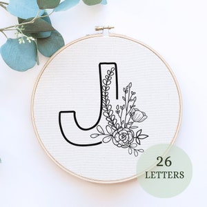 Padrão de bordado de alfabeto floral em PDF, 6 tamanhos, download digital instantâneo, design de bordado de letras com flores, monograma floral
