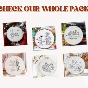 K&ouml;nnte beinhalten: Ein Set mit 6 Stickmustern f&uuml;r Stickrahmen mit verschiedenen Themen, darunter ein Weihnachtszwerg, ein Blumenarrangement, ein K&uuml;rbis, ein Zitat &uuml;ber das Leben in voller Bl&uuml;te und ein religi&ouml;ses Zitat. Die Designs sind alle in Schwarzwei&szlig; gehalten und perfekt, um Ihrer Einrichtung eine pers&ouml;nliche Note zu verleihen.