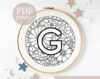 Floral modern hand embroidery, alphabet letters, Bouquet of flower, Hand embroidery pattern, embroidery pattern modern, 6 sizes, pdf pattern