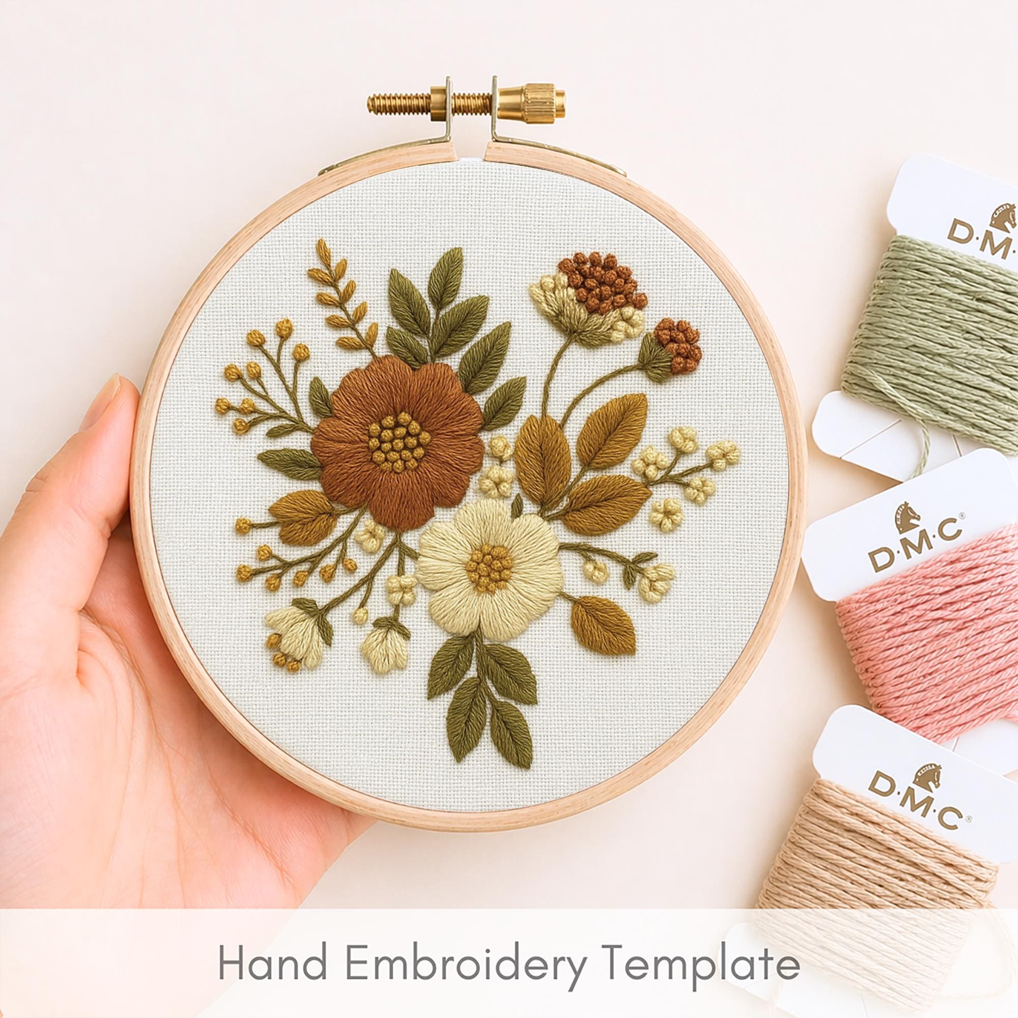 秋のブーケ刺繍パターン：秋の花柄手縫いテンプレート（PDF