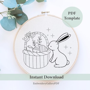 Osterhase Stickmuster, Über dem Gartentor, Kaninchen Handstickerei Design PDF DIY Muster, Ostern Handstickerei, Osterbasteln