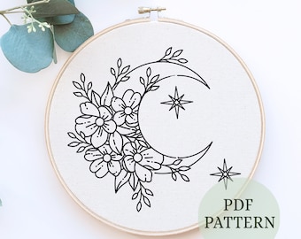 Floral Moon Embroidery PDF Pattern, Hand Embroidery Pattern PDF, Crescent Moon & Floral Art,Embroidery Pattern,Instant download