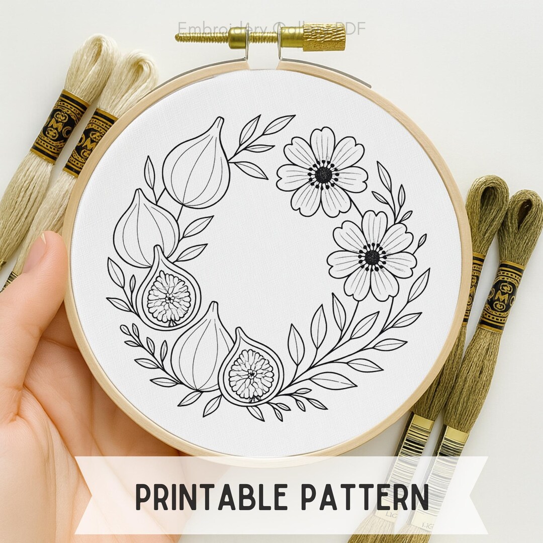 Pattern Hee Anemone and Figs Wreath Hand Embroidery Pattern: Flowers and Fruits ...