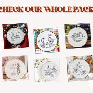 Peut inclure: Un ensemble de 6 motifs de broderie pour cerceau, pr&eacute;sentant divers th&egrave;mes, dont un gnome de No&euml;l, un arrangement floral, une citrouille, une citation sur la vie en pleine floraison et une citation religieuse. Les motifs sont tous en noir et blanc et sont parfaits pour ajouter une touche personnelle &agrave; votre d&eacute;coration int&eacute;rieure.