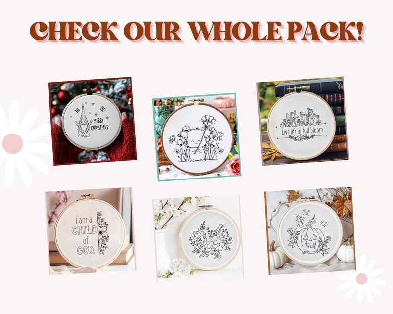 Peut inclure: Un ensemble de 6 motifs de broderie pour cerceau, pr&eacute;sentant divers th&egrave;mes, dont un gnome de No&euml;l, un arrangement floral, une citrouille, une citation sur la vie en pleine floraison et une citation religieuse. Les motifs sont tous en noir et blanc et sont parfaits pour ajouter une touche personnelle &agrave; votre d&eacute;coration int&eacute;rieure.