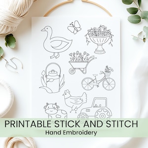 Printable Farm Stick and Stitch Embroidery Designs, Farm Sewing Pattern, Stick and Stitch Print Sheet, Embroidery Gifts idea, farm animals
