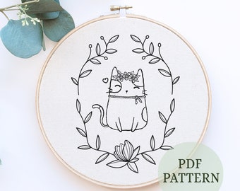 Sweet cat embroidery pattern, beginner embroidery pattern, funny cat embroidery pdf, DIY embroidery, Embroidery PDF, DIY Embroidery, 6 sizes