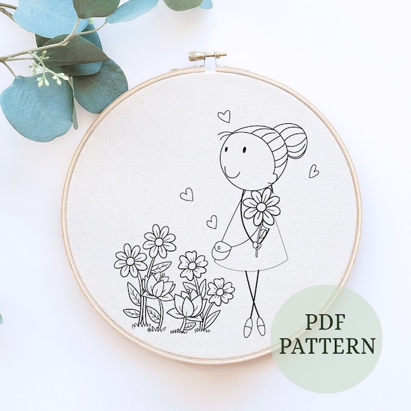 Flower Girl embroidery pattern, feminine hand embroidery hoop art, Floral Embroidery, Easy Embroidery Pattern, girl Embroidery, wildflowers