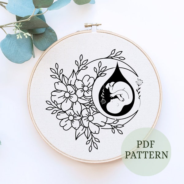 DIY Pregnancy Anatomy Embroidery, Fetus in Utero Pattern, PDF Digital Download, Pregnancy Embroidery Gift, Baby Shower Gift, moon Embroidery