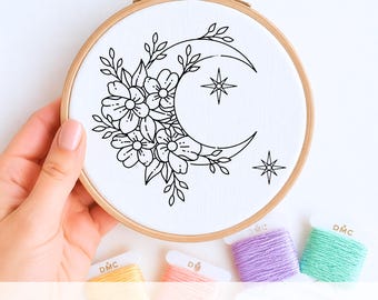 Floral Crescent Moon Embroidery Pattern: Hand Stitch Art, celestial design (PDF Pattern)