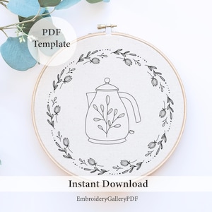 Tea Time Floral Kettle Embroidery Pattern: DIY Template (PDF Download)