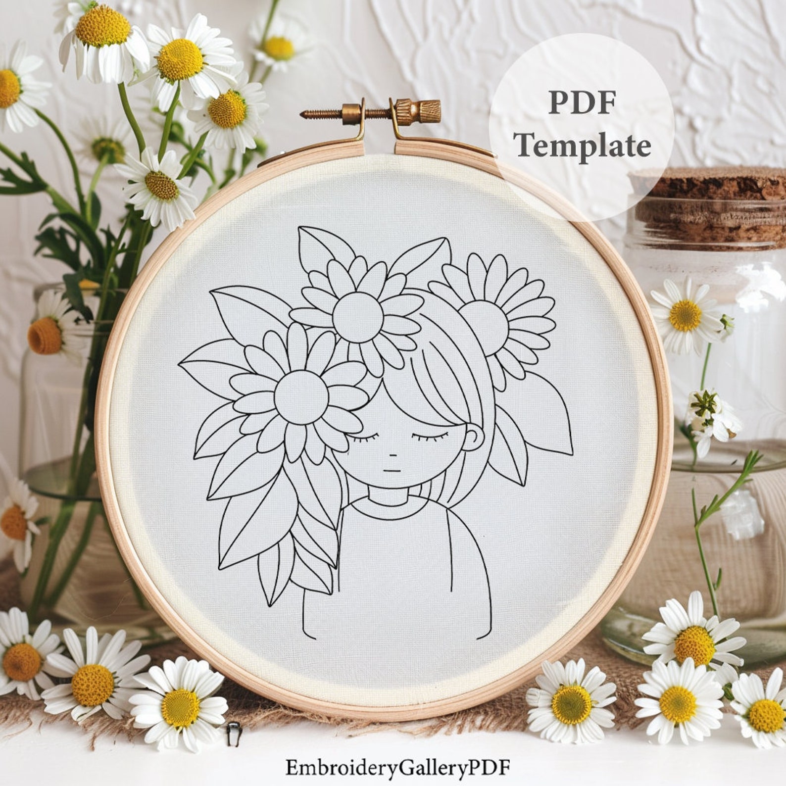 Floral Girl Hand Embroidery Pattern: Modern DIY Hoop Art (PDF Download ...