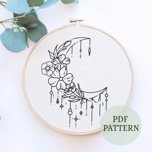 Digital PDF pattern - Crescent Moon with flower Hand Embroidery Pattern (PDF modern hand embroidery pattern) Handstitched art