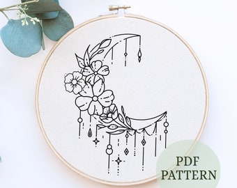 Crescent Moon Floral Hand Embroidery Pattern, printable template (Digital PDF)