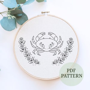Anatomical Crab hand embroidery pattern, modern embroidery pattern, beginner embroidery pattern, crab embroidery pdf,DIY embroidery, 6 sizes