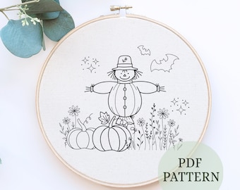Harvest Scarecrow Embroidery Pattern: Autumn Pumpkin Patch, needlecraft (PDF Pattern)