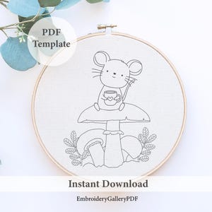 Hand Embroidery Pattern, Mushroom Embroidery Design, Digital Download, Mouse and Mushroom,DIY Spring mouse, sweet embroidery, hand stitching