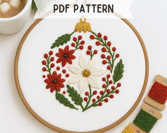 Padrão de bordado para enfeite de Natal floral: fácil para iniciantes, faça você mesmo (padrão em PDF)