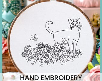 Floral Cat Embroidery Pattern: Modern Handstitched Art (PDF Pattern)