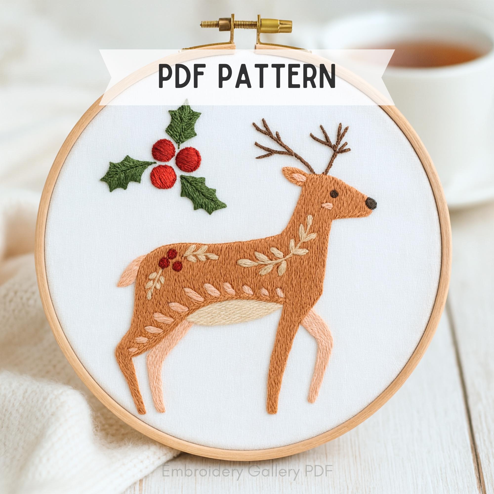 トナカイの刺繍パターン：森のクリスマスフープアート（デジタルPDF