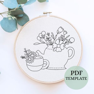 Floral Teapot Hand Embroidery Pattern: Beginner DIY (PDF Pattern)
