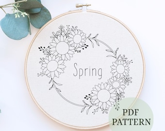 Sunflower Half Wreath Hand Embroidery Pattern: Spring DIY, beginner craft (PDF Pattern)