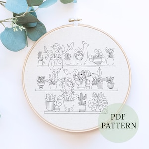 Intermediate Houseplant Hand Embroidery Pattern, Houseplant Embroidery, PDF Digital Download, Embroidery hoop, Plant lover embroidery DIY