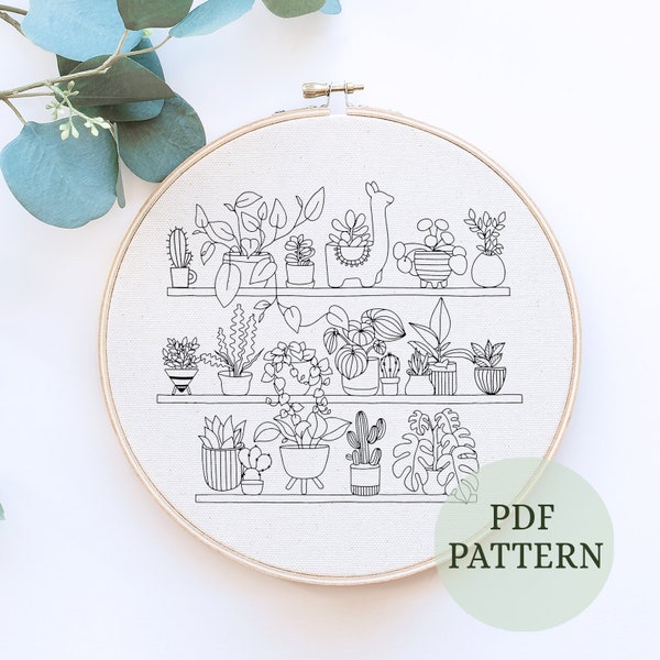 Intermediate Houseplant Hand Embroidery Pattern, Houseplant Embroidery, PDF Digital Download, Embroidery hoop, Plant lover embroidery DIY