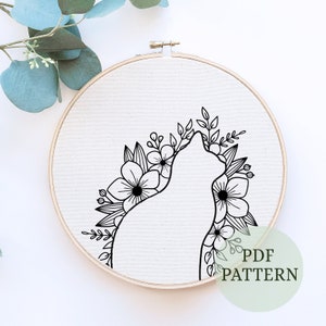 Cat Floral Hand Embroidery Pattern, Cat Silhouette Embroidery PDF, Embroidery Pattern Pdf, Modern Hand Embroidery PDF Pattern, Kitty design