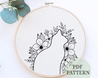 Cat Floral Hand Embroidery Pattern, Cat Silhouette Embroidery PDF, Embroidery Pattern Pdf, Modern Hand Embroidery PDF Pattern, Kitty design