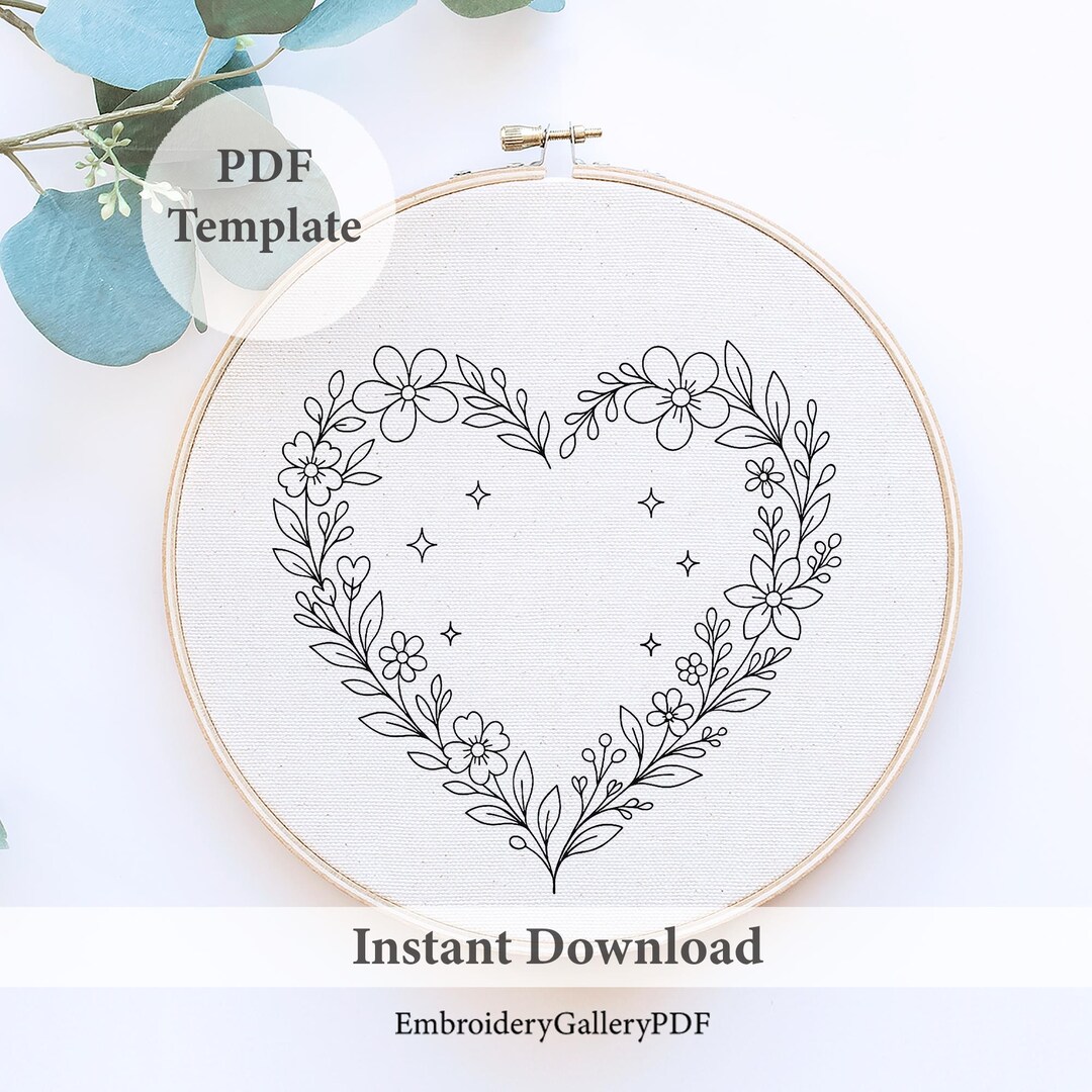 Floral Heart Wreath Embroidery Pattern: Modern Botanical Hoop Art (PDF ...