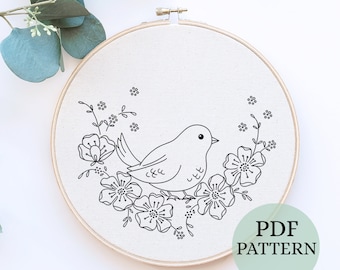 Bird & Flower Hand Embroidery Pattern: DIY Template (PDF Pattern)