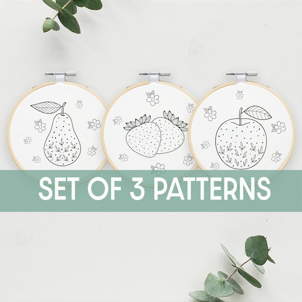 Set of 3 Fruits, Pear embroidery pattern, apple embroidery pattern,pear Blossom, strawberry Embroidery Pattern ,PDF Instant Digital Download