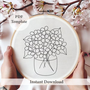 Hydrangea bouquet embroidery art, tropical Embroidery, DIY Embroidery, Floral embroidery, Embroidery template, PDF pattern, tropical flower