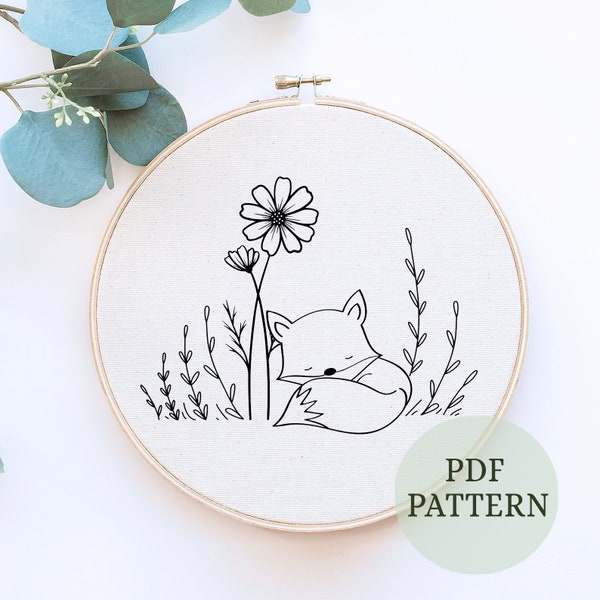 Sleeping Fox pdf embroidery template, woodland animal, fox pattern, fox, stitching, embroidery hoop, embroidery,hand embroidery, floral fox