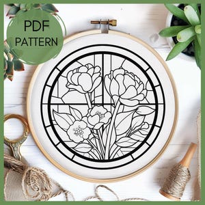 Flowers embroidery pattern, handmade crafts, easy crafts, stained glass style, Floral Embroidery design, embroidery pattern, hand embroidery