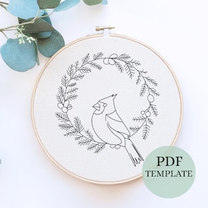 Weihnachten Kardinal Handstickerei, Winter Vogel Vorlage, Sofort Download PDF, DIY Urlaub Handwerk Projekt, anfängerfreundliche Stickkunst