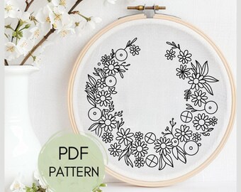Floral Wreath Embroidery Pattern: DIY Needlepoint Art (PDF Pattern)