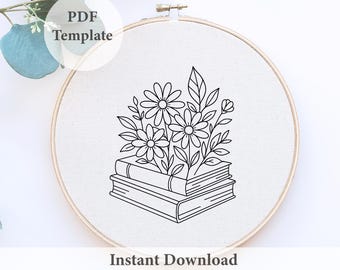 Patrón de bordado de libros florales: Arte de aro para principiantes (descarga en PDF, 6 tamaños)