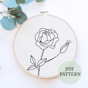 バラの模様、花の刺繍の PDF パターン、線画の刺繍のパターン、ミニマリストの刺繍、春の刺繍、手刺繍のパターン