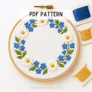 Patrón de bordado a mano de corona de margaritas: flores y hojas, descarga instantánea, apto para principiantes