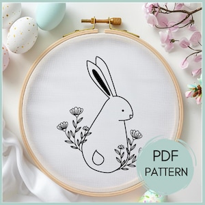 Bunny Embroidery Pattern, Over the Garden Gate, Rabbit Floral hand Embroidery Design PDF DIY Pattern, Easter hand Embroidery, Easter Crafts