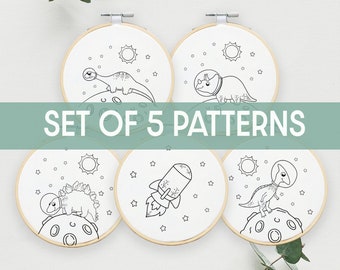 Space Dinosaur Embroidery Pattern,DIY Outer Space Decor, Triceratops Dinosaur Design Digital Download, Beginner Embroidery, kids Room Decor